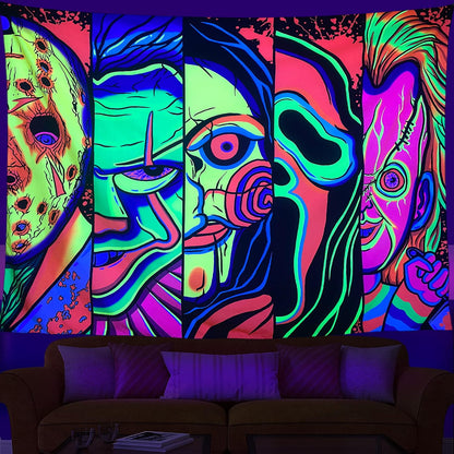 Black Light Art Halloween Wall Decor Trippy Blacklight Horror Face Tapestry, UV Reactive Tapestries Glow in The Dark Party Tapestry for Bedroom, Living Room (51" x 59")