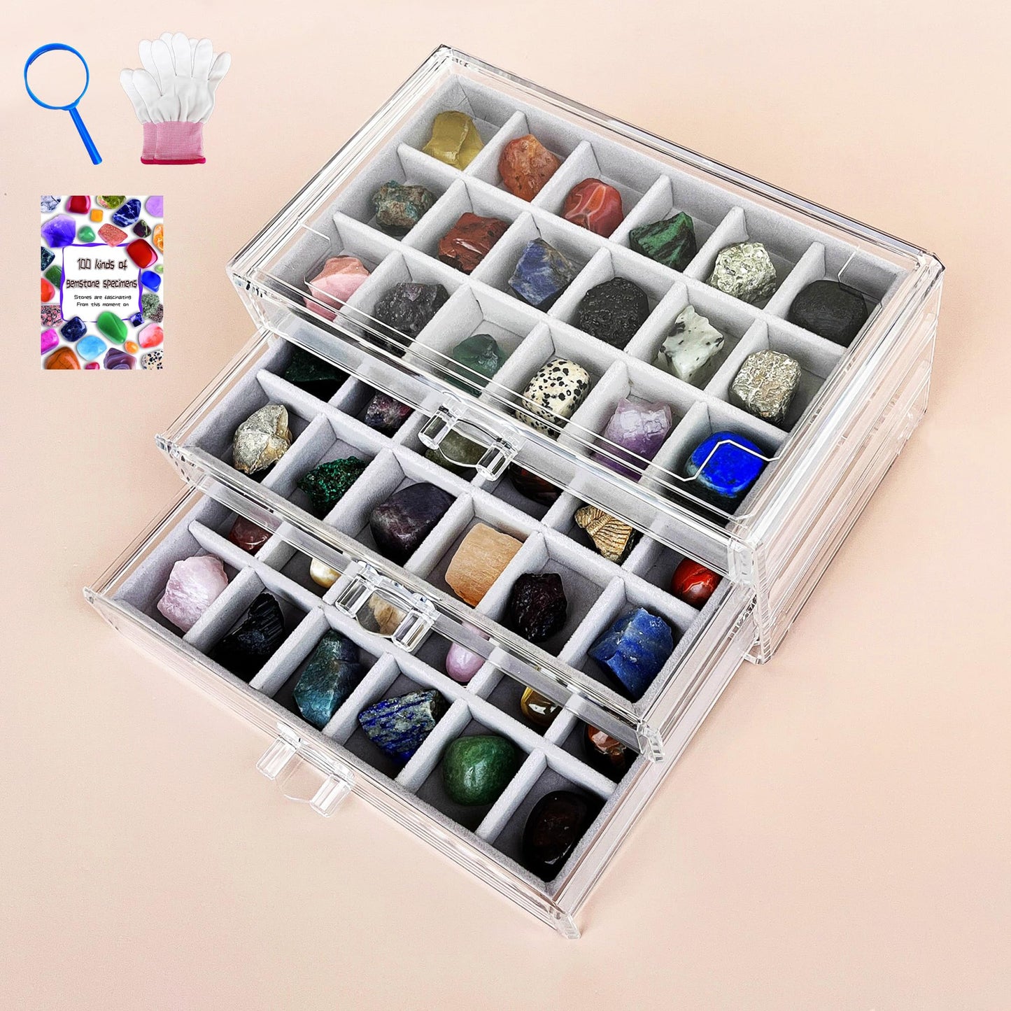 HEMYLU Acrylic Rock Collection Display Case for Kids, Crystals Displaying Box with 3 Drawers & 54 Grids and Gem Knowledge Handbook, Gemstone Organizer Showcase for Gem Enthusiasts