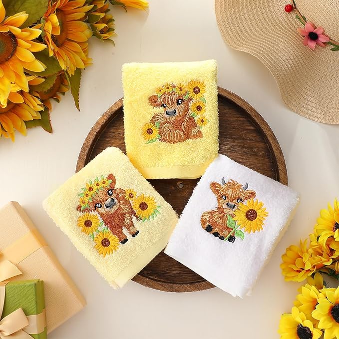 3 Pcs Sunflower Highland Cow Hand Towels Embroidered Highland Cow Farmhouse