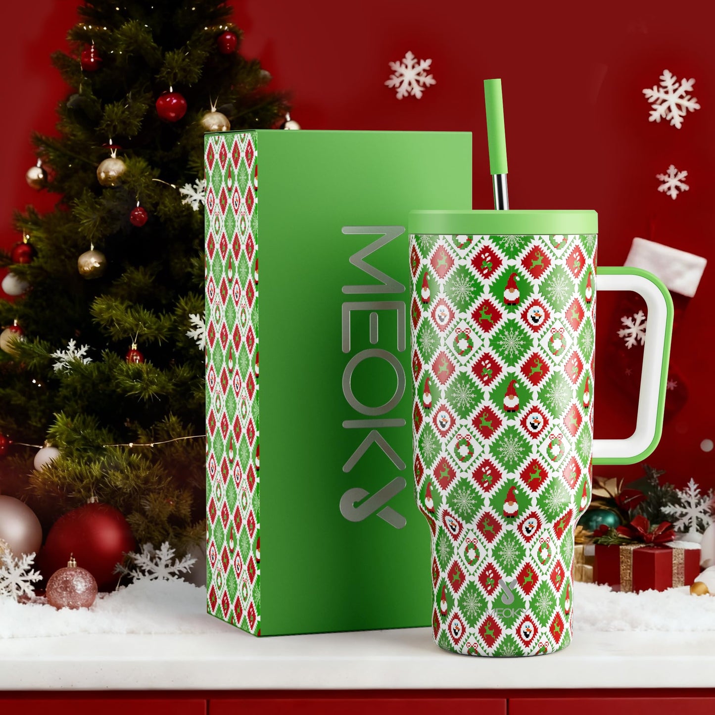 Meoky 40 oz Christmas Tumbler with Handle and Straw, Xmas Tumbler with Lid and Straw, Insulated Stainless Steel Travel Mug, Christmas Gifts for Women Men Adults (Snowy Santa)