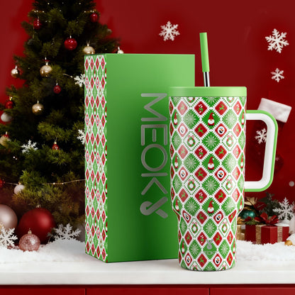 Meoky 40 oz Christmas Tumbler with Handle and Straw, Xmas Tumbler with Lid and Straw, Insulated Stainless Steel Travel Mug, Christmas Gifts for Women Men Adults (Snowy Santa)