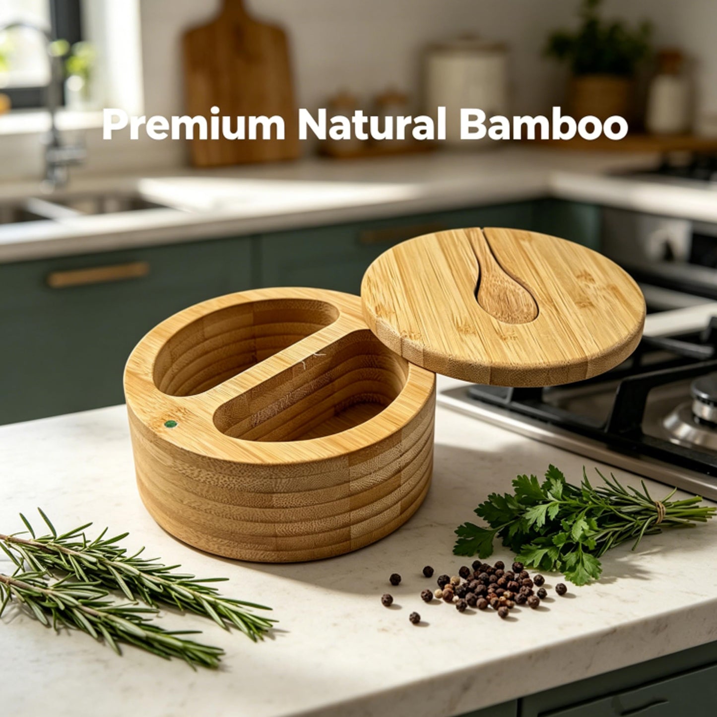 satoaols 2 Compartment Bamboo Salt Cellar with Lid and Spoon Dual Slot Kitchen Salt Holder, Ideal Multi-Purpose Salt Container for Salt and Pepper Storage & Daily Countertop Use