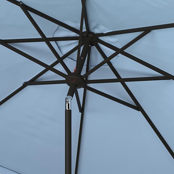 SAFAVIEH 9ft Outdoor Patio Umbrella, Round, Valance, Baby Blue & White Trim, Auto Crank Tilt, UV Resistant for Deck, Backyard, Poolside (PAT8006U)
