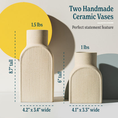 Home Habitat Ceramic Ribbed Vases - 2 Piece Set, Small and Large Vase, Bottle Flower Planter Set. Scandi Style Home Decor. Neutral Cream Home Decor, Coastal Decor for Home, Centerpiece for Table