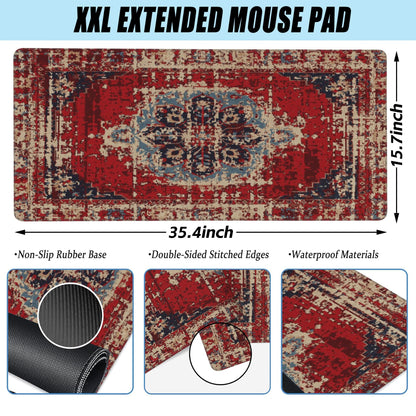 Desk Mat,Boho Carpet Style Large Gaming Mouse Pad for Desk XXL,Bohemian Rug Desk Pad,Extended Big Computer Keyboard Mouse Pad with Non-Slip Base and Stitched Edges 35.4"x15.7"