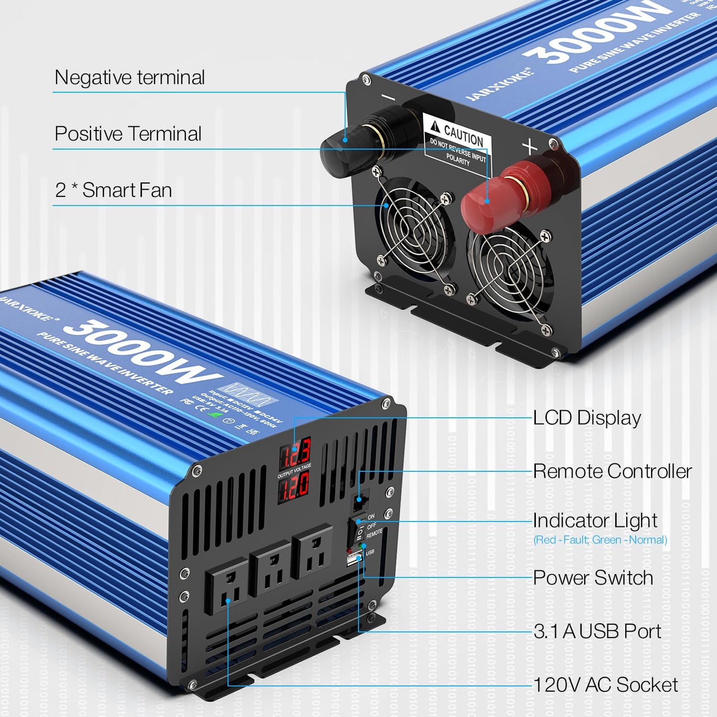 3000 Watt Pure Sine Wave Power Inverter 12V DC to 110V 120V Converter for Home, RV and Off-Grid Solar Systems with 3 AC Outlets, Dual USB Ports, LCD Display and Remote Control
