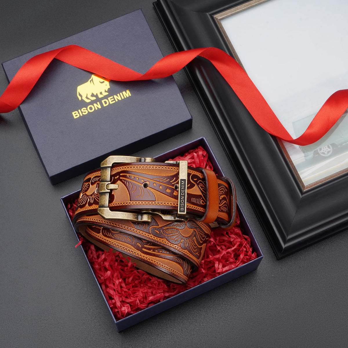 BISON DENIM Men's Genuine Leather Belt, Classic Western Cowboy Dress Belts, Heavy Duty Buckle Jeans Casual Handmade Belt