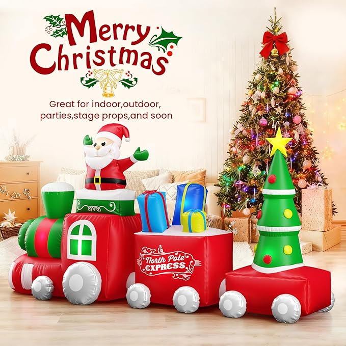 10 FT Deluxe Christmas Inflatables Train with Santa Claus, Gift Box, Christmas Tress, Built-in LED Lights, Blow Up Lovely Train Carriage for Christmas Party Holiday, Outdoor Garden Lawn Yard Decor