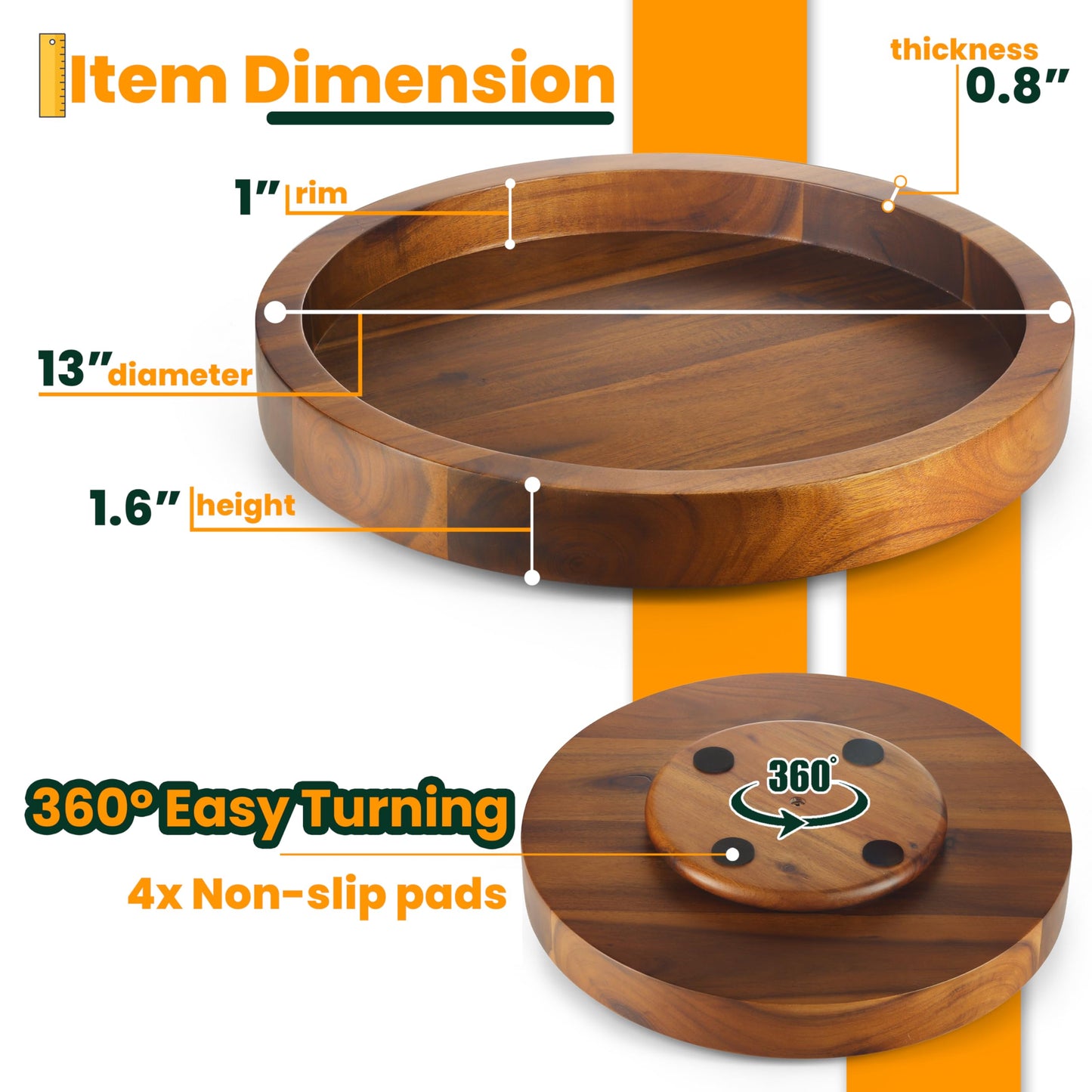 TIDITA 13" Acacia Wood Lazy Susan Organizer for Cabinet - Round Lazy Susans Turntable for Countertop - Wooden Kitchen Rotating Storage Food Bin Container for Centerpiece Table, Spices, Pantry