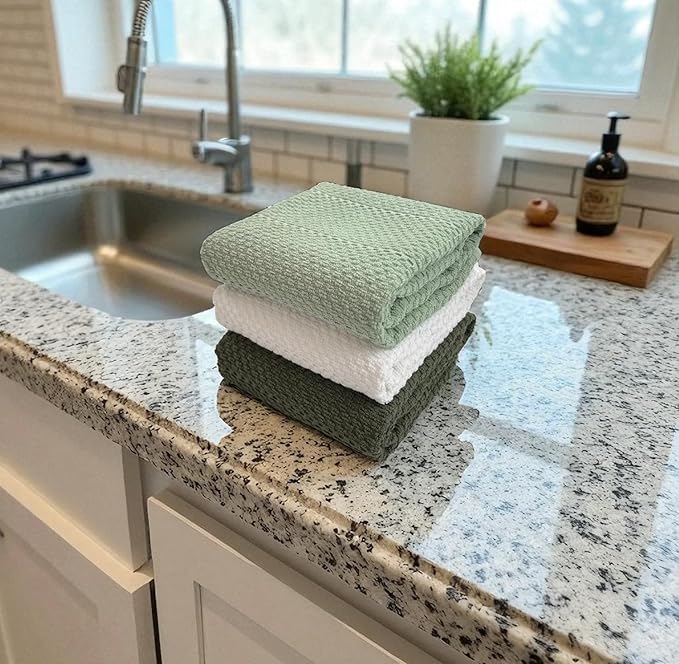 Sage White Dark Green Kitchen Hand Dish Towels: Oversized 28" x 18", 100%