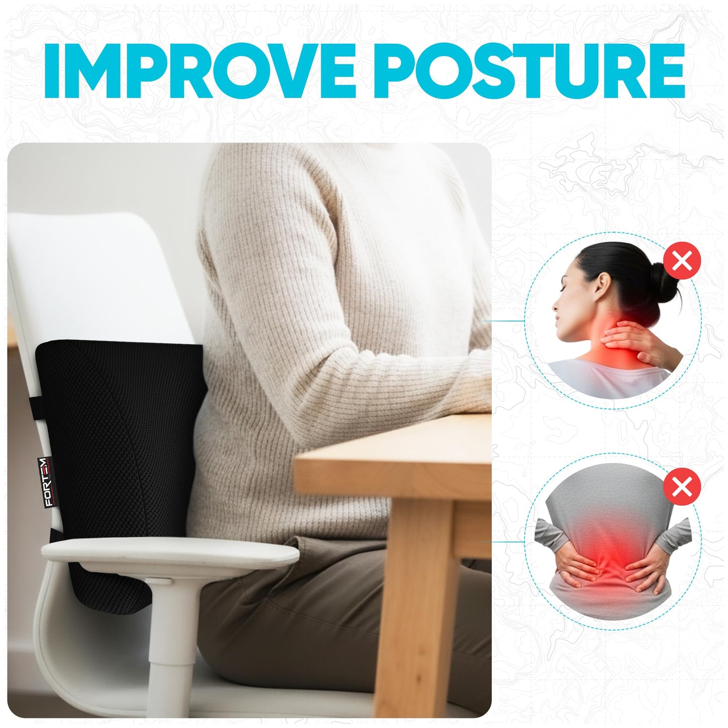 FORTEM Lumbar Support Cushion, Back Support for Office Chair and Car Seat, Back Rest for Gaming, Memory Foam Pillow, Desk Chair Cushion, Breathable & Washable Cover, Adjustable Straps