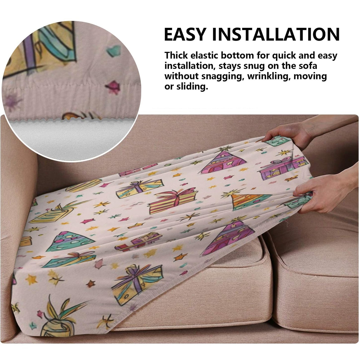 pnyoin Colorfule Gift Box Stretch Individual Seat Sofa Cushion Covers Elastic Couch Cushion Cover Slipcover Sets -2 Piece Sofa Cushion Covers
