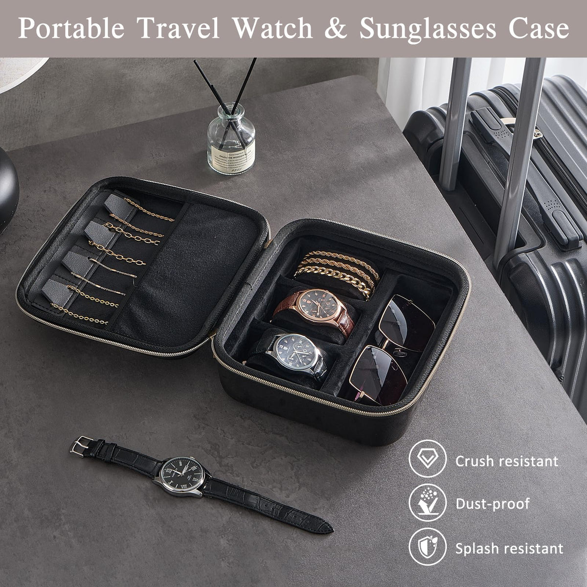 ProCase Mens Small Jewelry Storage Case, 3 Slots Travel Watch Accessories Carrying Box, Glasses Necklaces Rings Bracelets Zippered Organizer Bag for Male -Black