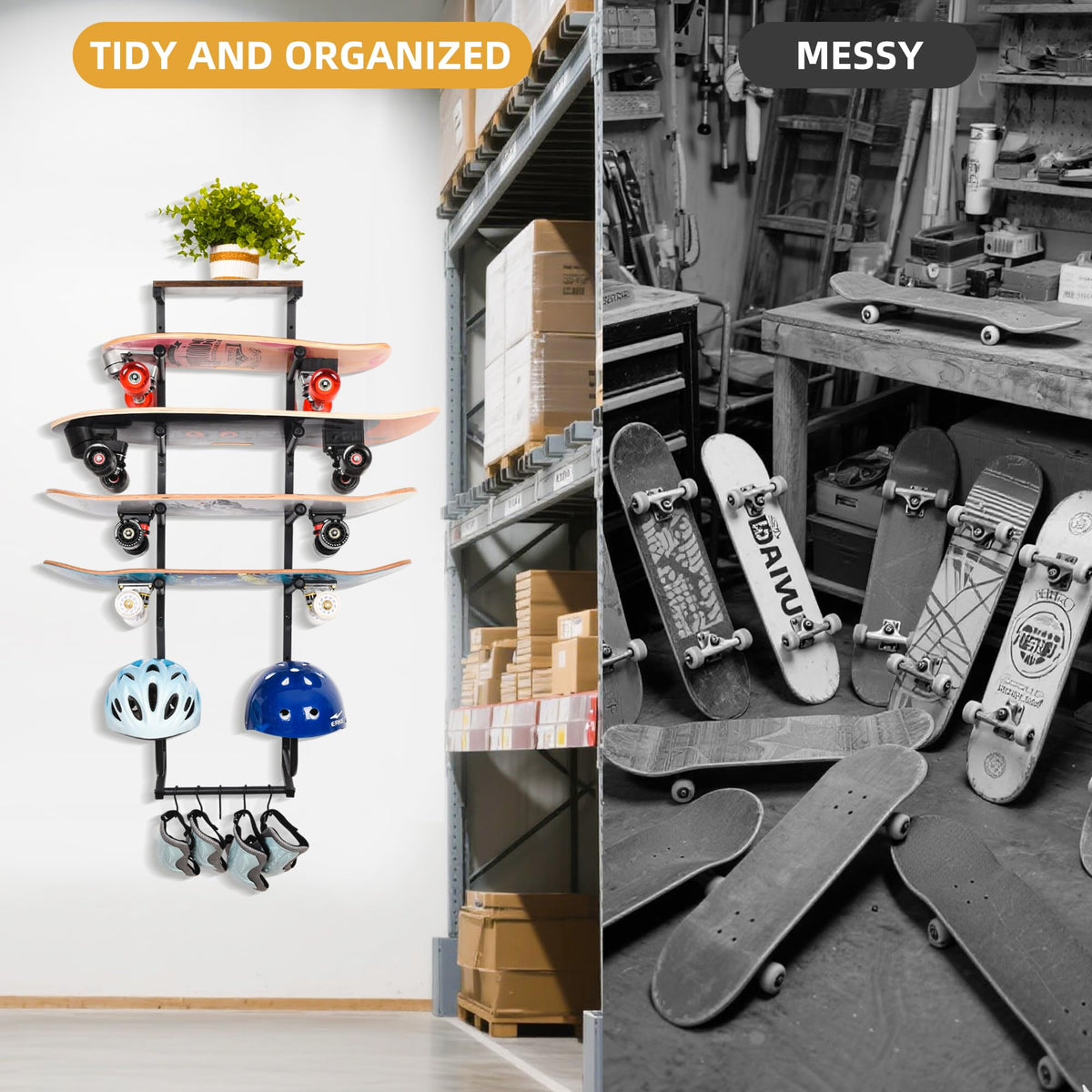 Skateboard Wall Mount Rack 4-Board Horizontal Storage — Wood Display Shelf, Holds 4 Longboards, Decks & Boards, 2 Round Wooden Helmet Stands & 5 Accessories Hooks, Garage Game Room Organizer (Black)
