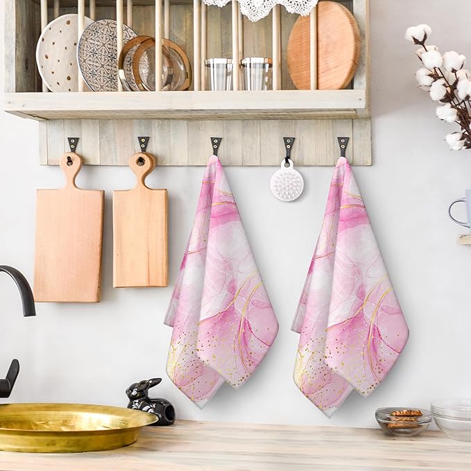 Pink Marble Kitchen Dish Towels and Dishcloths Sets of 2 Abstract Modern Dish