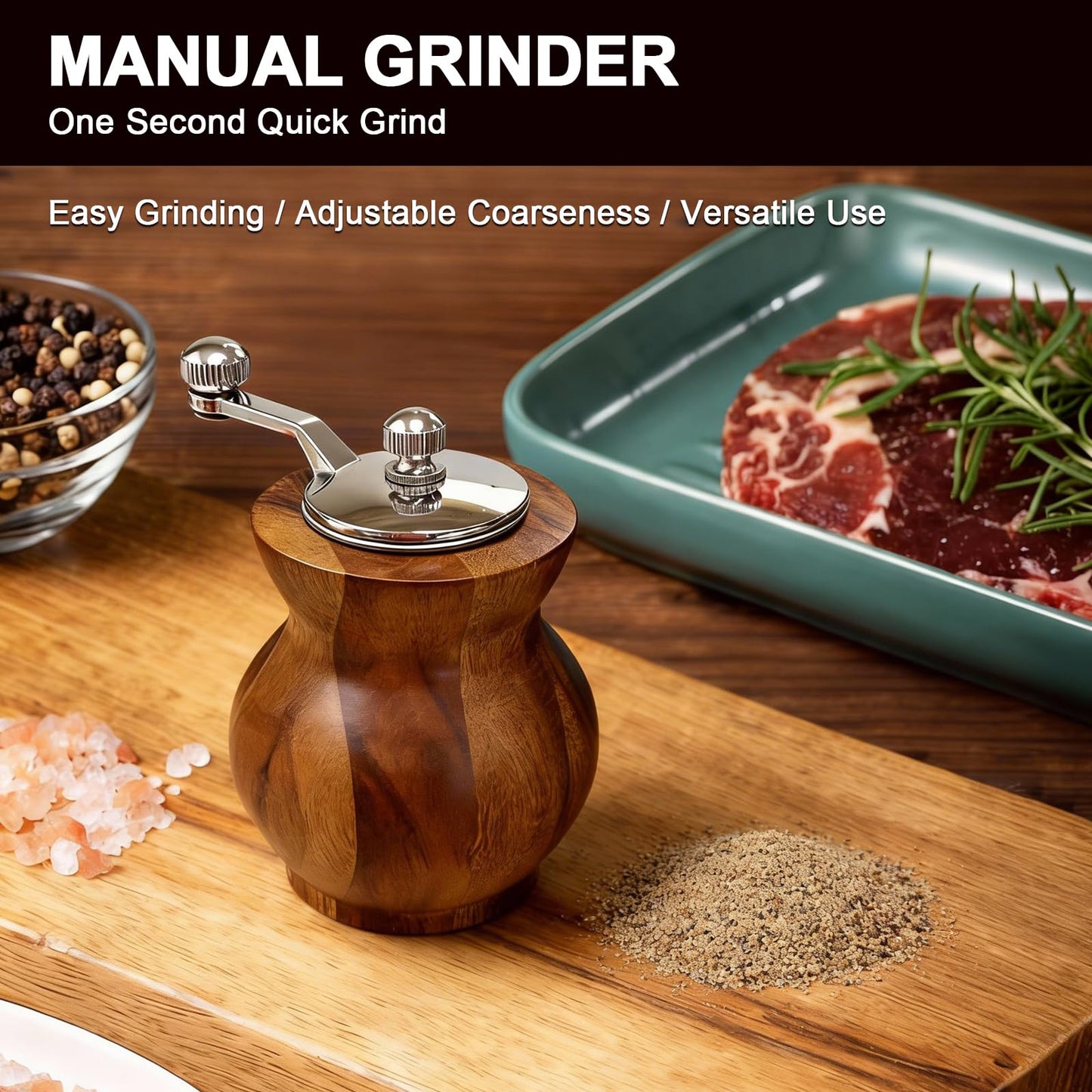 Pepper Grinder with Crank Handle, Adjustable Refillable Spice Mill