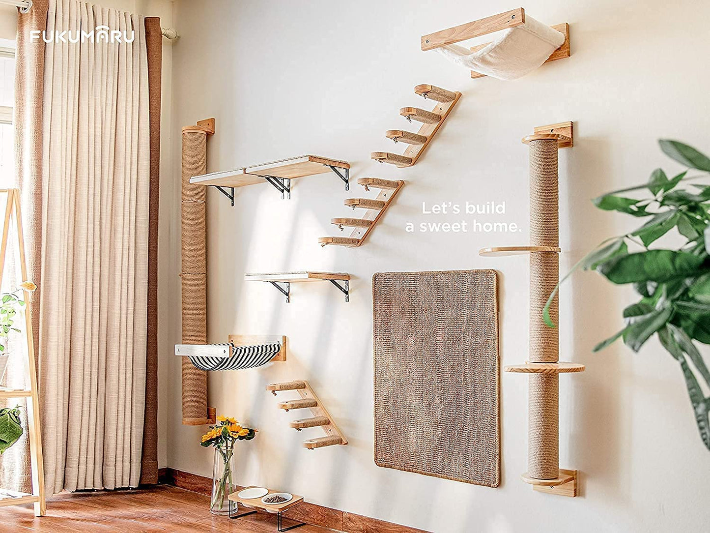 FUKUMARU Cat Activity Tree with Scratching Posts, Wall Mounted Jute Scratcher Pine Hammock, Natural Rubber Wood Material