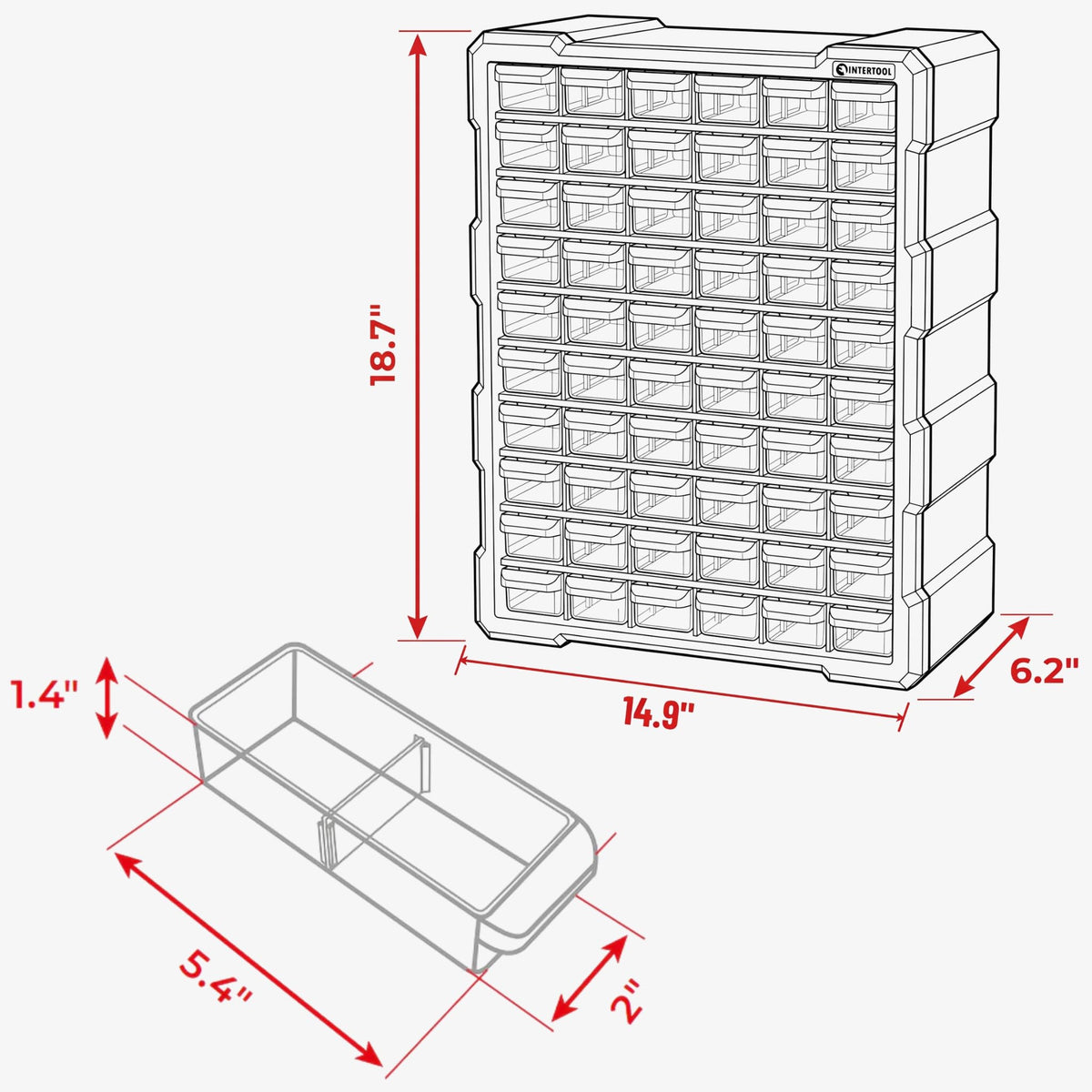 INTERTOOL Small Parts Organizer for Hardware & Screws | 60 Removable Bins with Dividers | Wall Mount or Desktop Craft & Lego Storage Cabinet | 19” x 15” x 6” BX08-4016