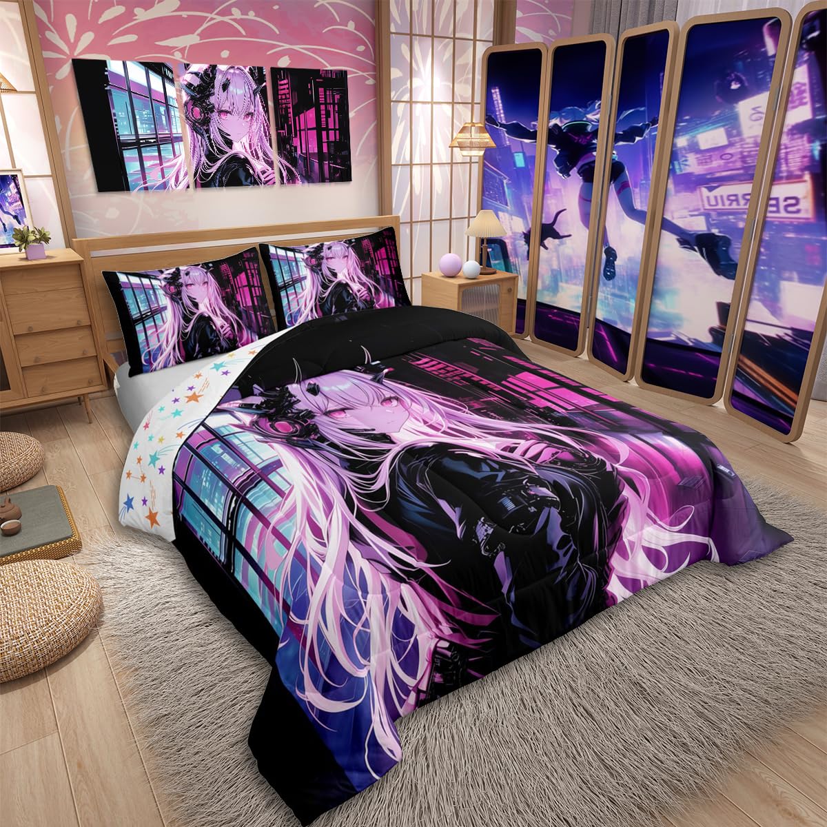 Erosebridal Japanese Anime Bedding Set Full Size, Anime Girl Comforter Set Kawaii Japanese Style Duvet Insert Cartoon Japan Animation Quilt for Boys Teens Adult Women Bedroom Decor