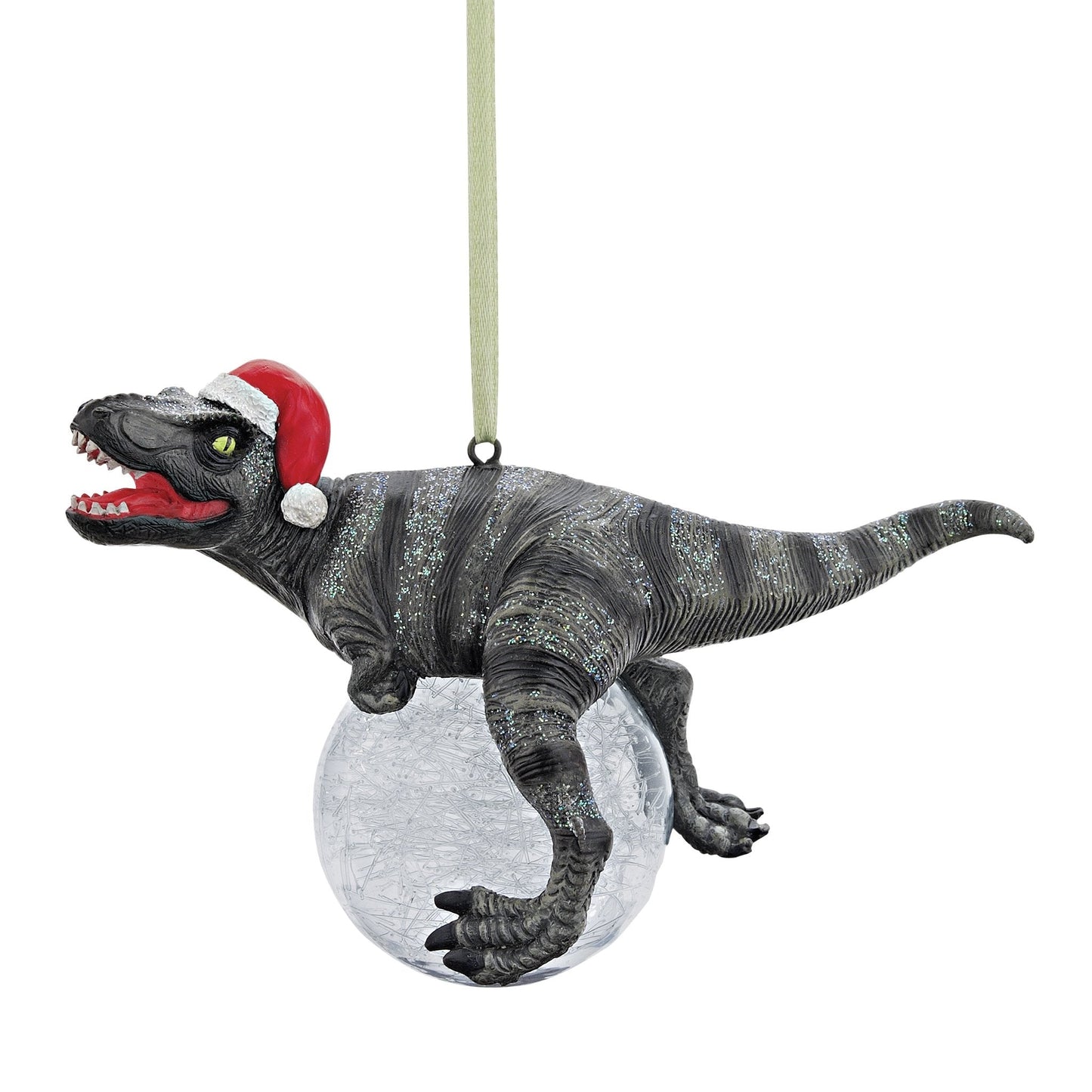 Design Toscano Blitzer the T Rex Dinosaur Christmas Tree Ornament, 5 Inch Long, Cast Stone Resin with Glass Ball, Green Glitter Finish