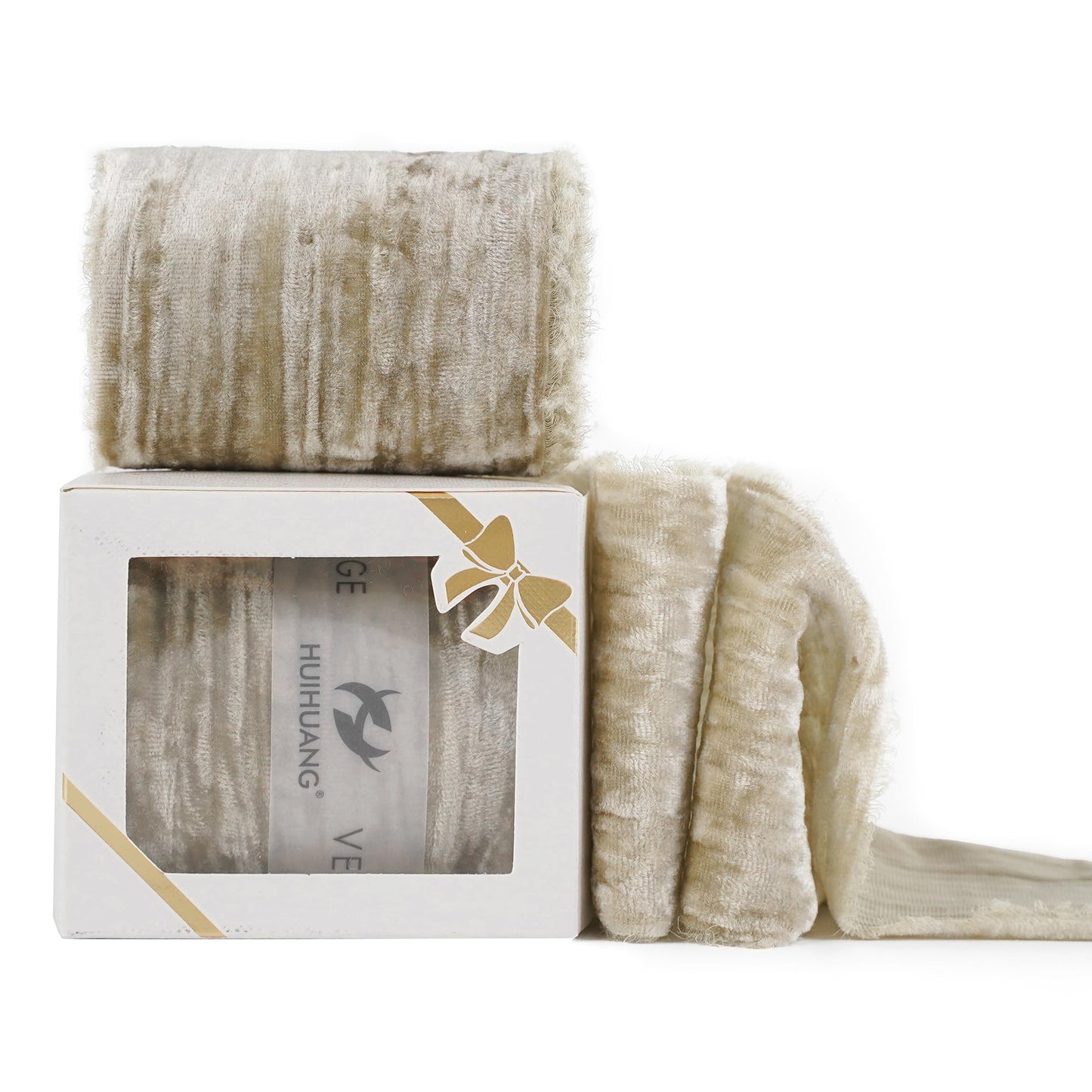 HUIHUANG Taupe Velvet Crinkled Frayed Ribbon - 3 Inch Wide Champagne Fringe for Wreaths, Christmas Tree, Flower Bouquet, Gift Wrapping, Wedding & Bridal Shower Decor