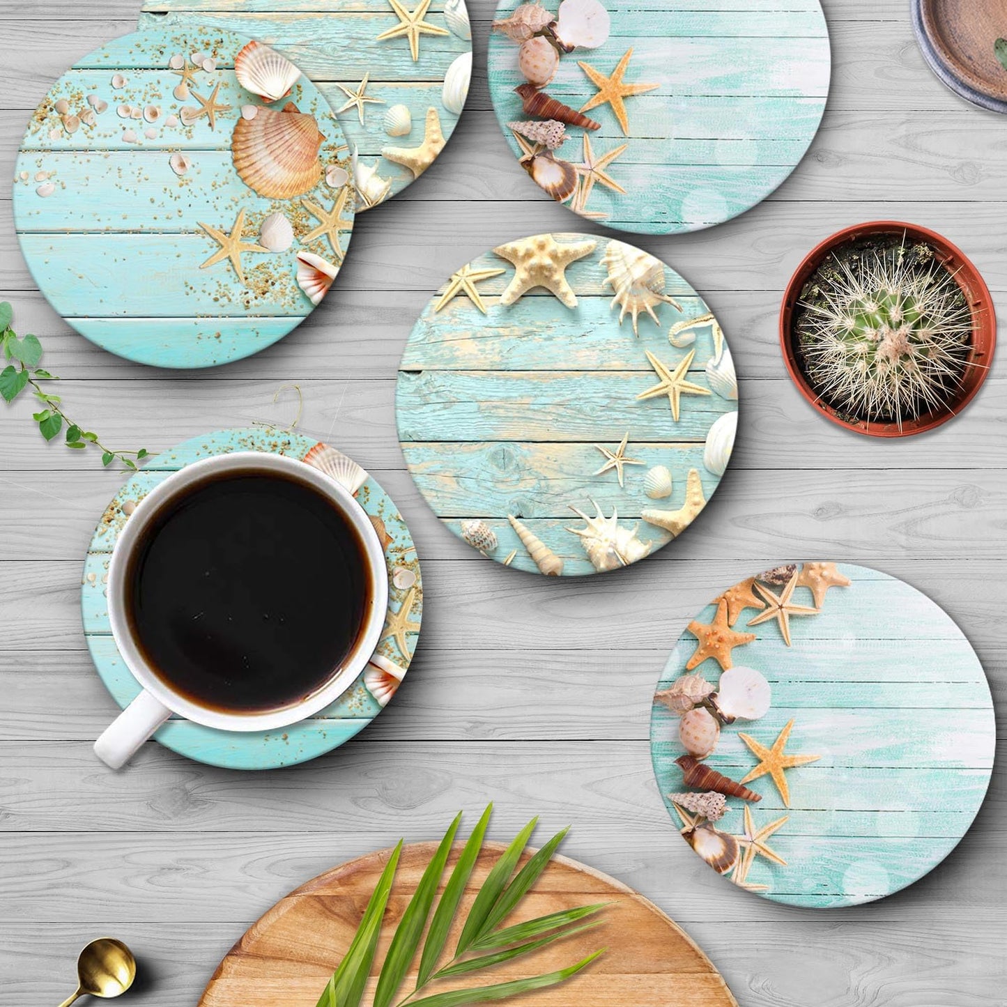 Britimes Coaster for Drinks Set of 6, Beach Seashells Wooden Nautical Wood Sand Table Coastal Absorbent Round Ceramic Stone Mat, with Cork Base and Metal Holder, Gift for Housewarming Room Bar Decor