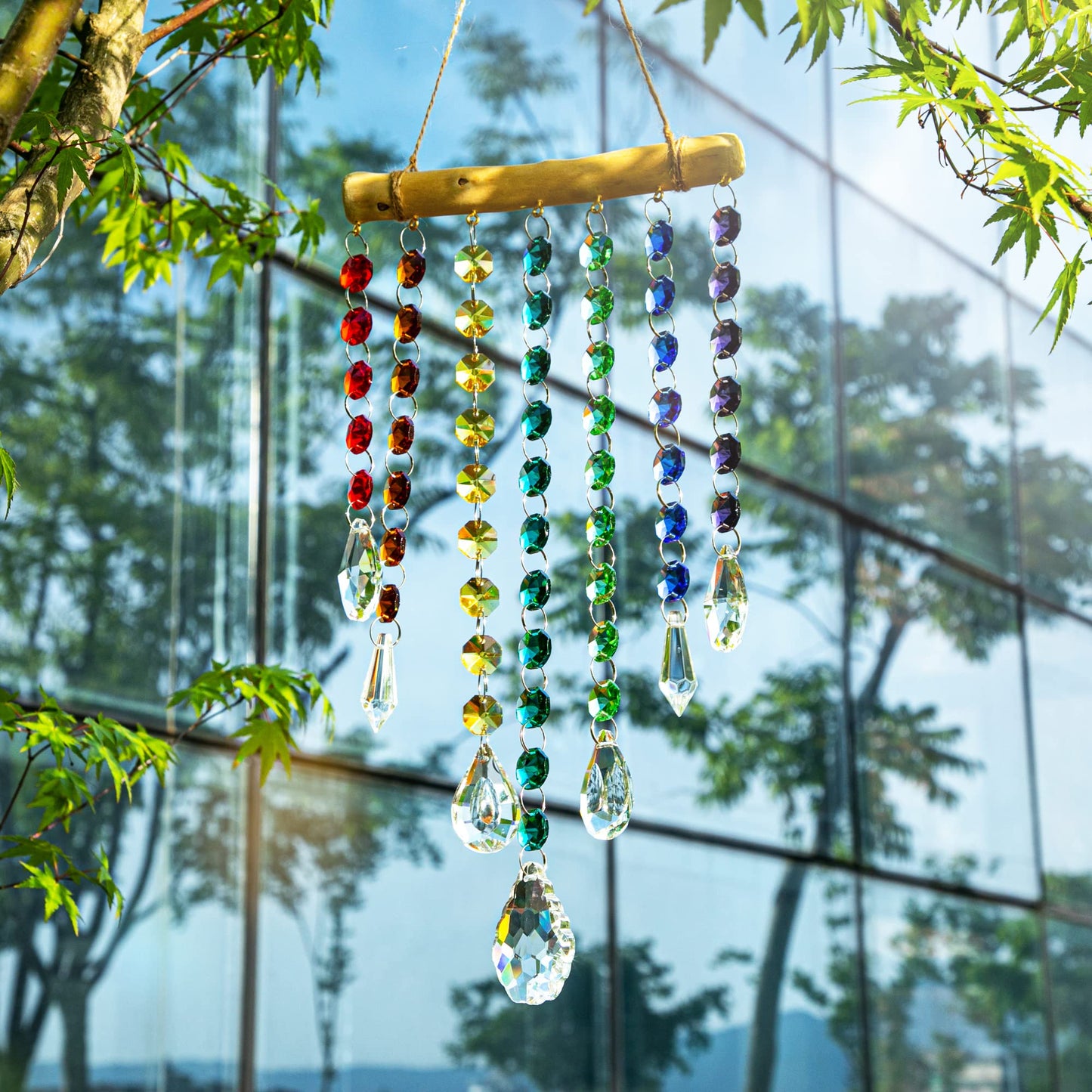 12inch Hanging Crystal Prism Suncatcher Window Garden Decoration Ornament for Christmas Tree Rainbow Glass Beads Chain Pendant Crystal Wind Chimes