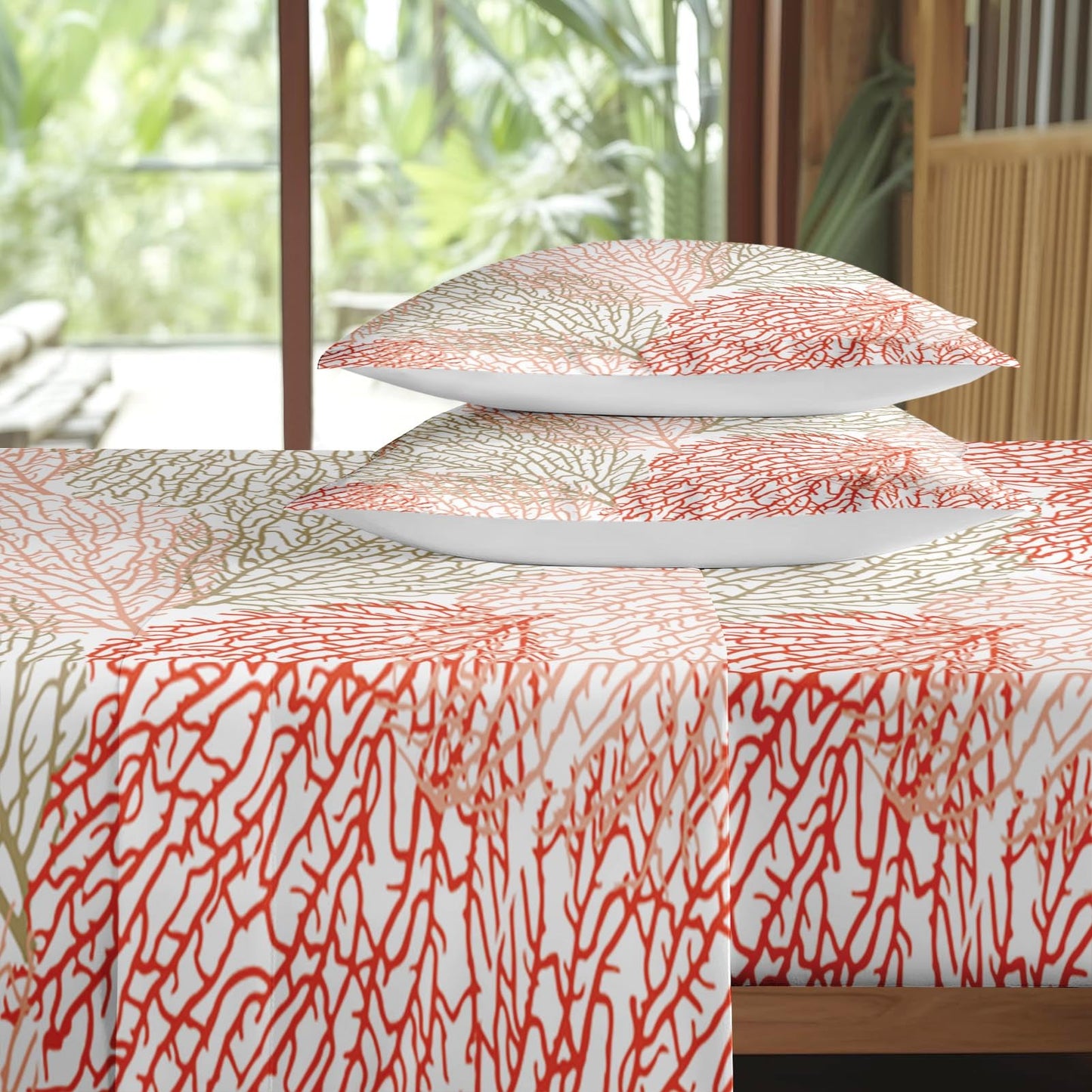 Pamnest Full Size Bed Sheet Sets, Coral Summer Coastal Soft Microfiber 4 Pcs Bedding Sets for Kids and Adults Bedroom Bed Decor, Ocean Sea Tropical Plant Flat, Fitted Sheet and 2 Pillowcases