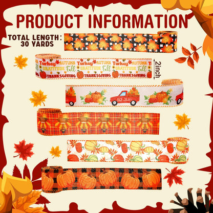 Yuxung 6 Rolls 30 Yards Thanksgiving Fall Burlap Ribbon Rolls Wired Wrapping Ribbon Buffalo Plaid Pumpkin Truck Turkey Maple Harvest Fall Thanksgiving Wreath Decoration for Craft Bow Gifts Making