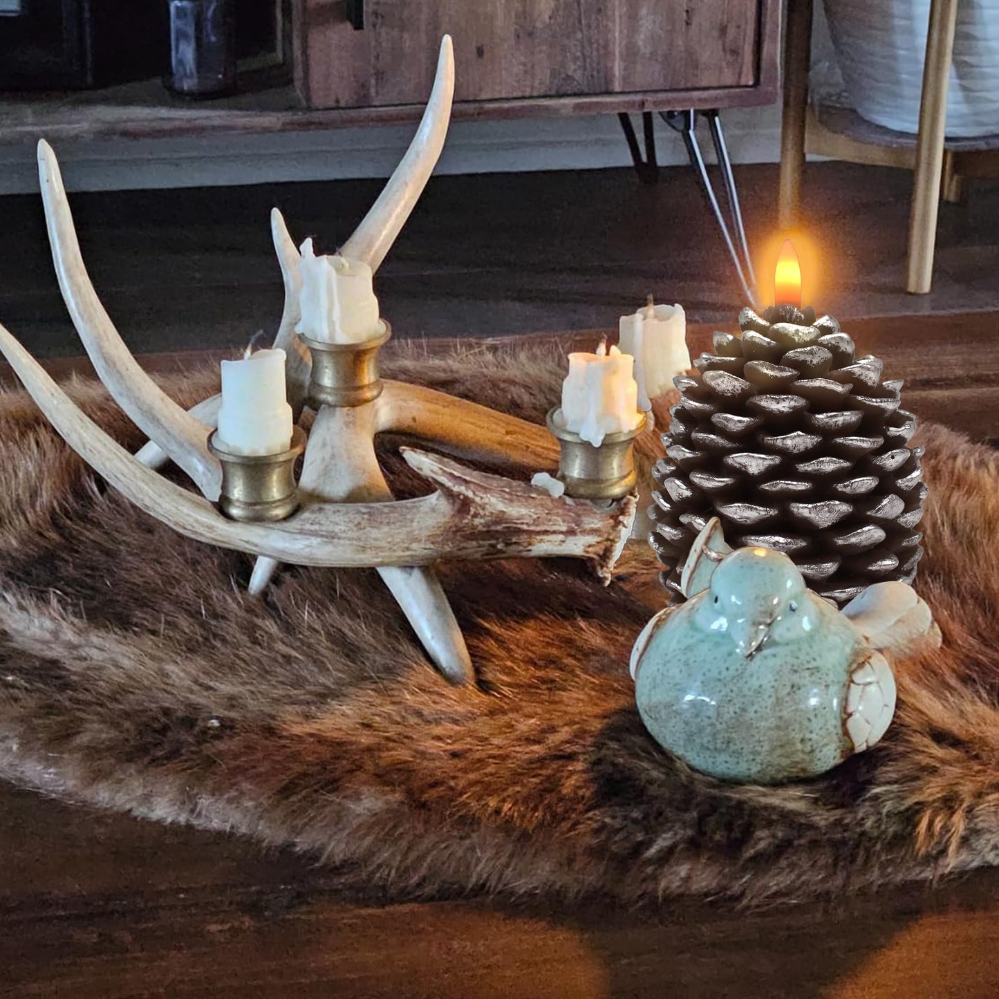 CVHOMEDECO. Pine Cone Candles Battery Operated Pinecones with Remote and Timer, Pine Cones Candle LED Flameless Flickering Candles for Fall, Christmas Decor. Silver-Brown, H 4.8 Inch, Pack of 2