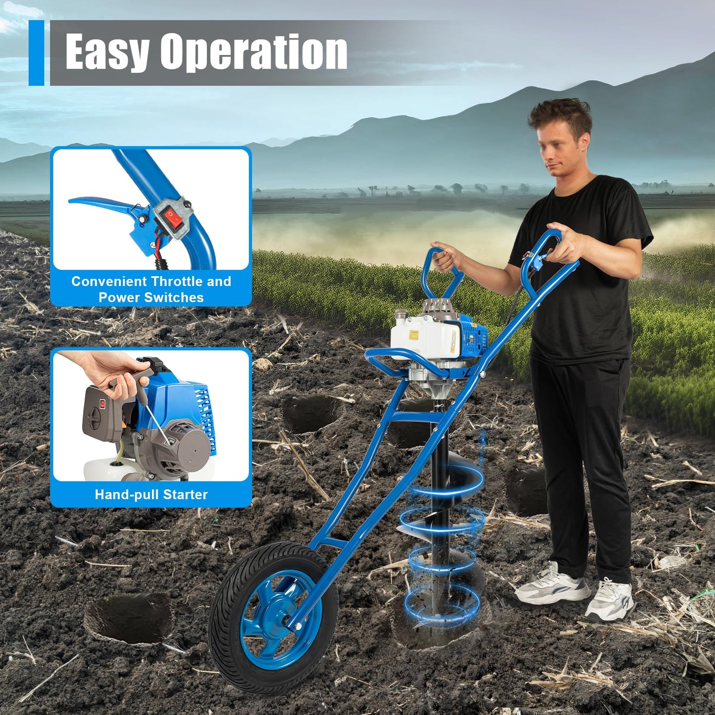 63CC 2-Stroke Post Hole Digger, 3HP Gas Powered Earth Auger Borer Ground Drill Gasoline Earth Auger Wheelbarrow with 11" Bit for Fence Ground Drill Garden Tree Planting (Blue)