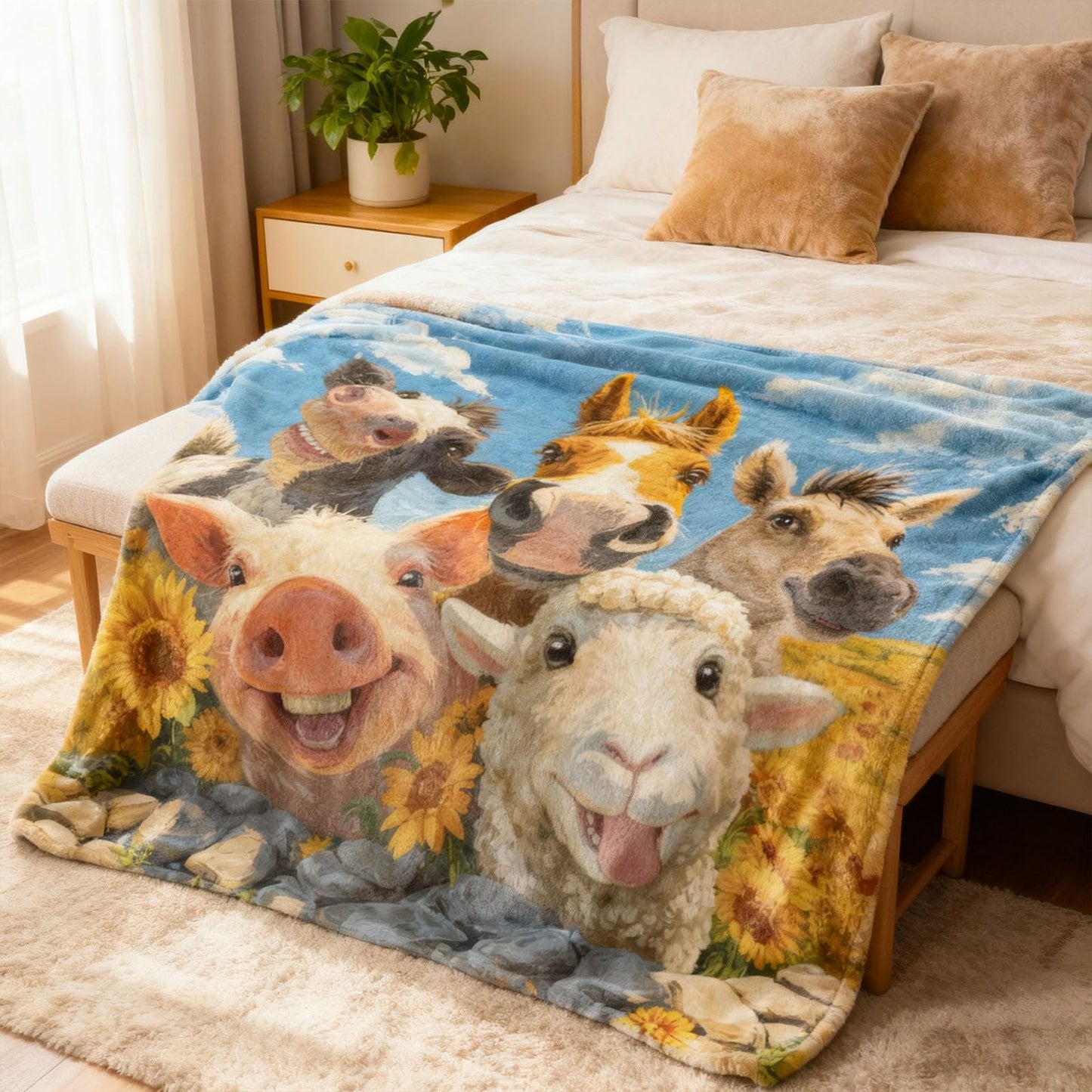 kampdream Funny Animal and Sunflower Flannel Blanket Throw, Super Soft Cozy Nap Blanket with Cute Cartoon Animal for Sofa Travel and Camping, for All Seasons 50"x60" inch Cow Sheep Horse
