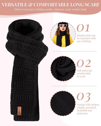 Womens Winter Beanie Hat Scarf Gloves Set, Cute Pom Pom Beanie with Warm Fleece Lined Long Knit Neck Scarf Touchscreen Gloves, 3 Piece Set for Cold Weather(Black)