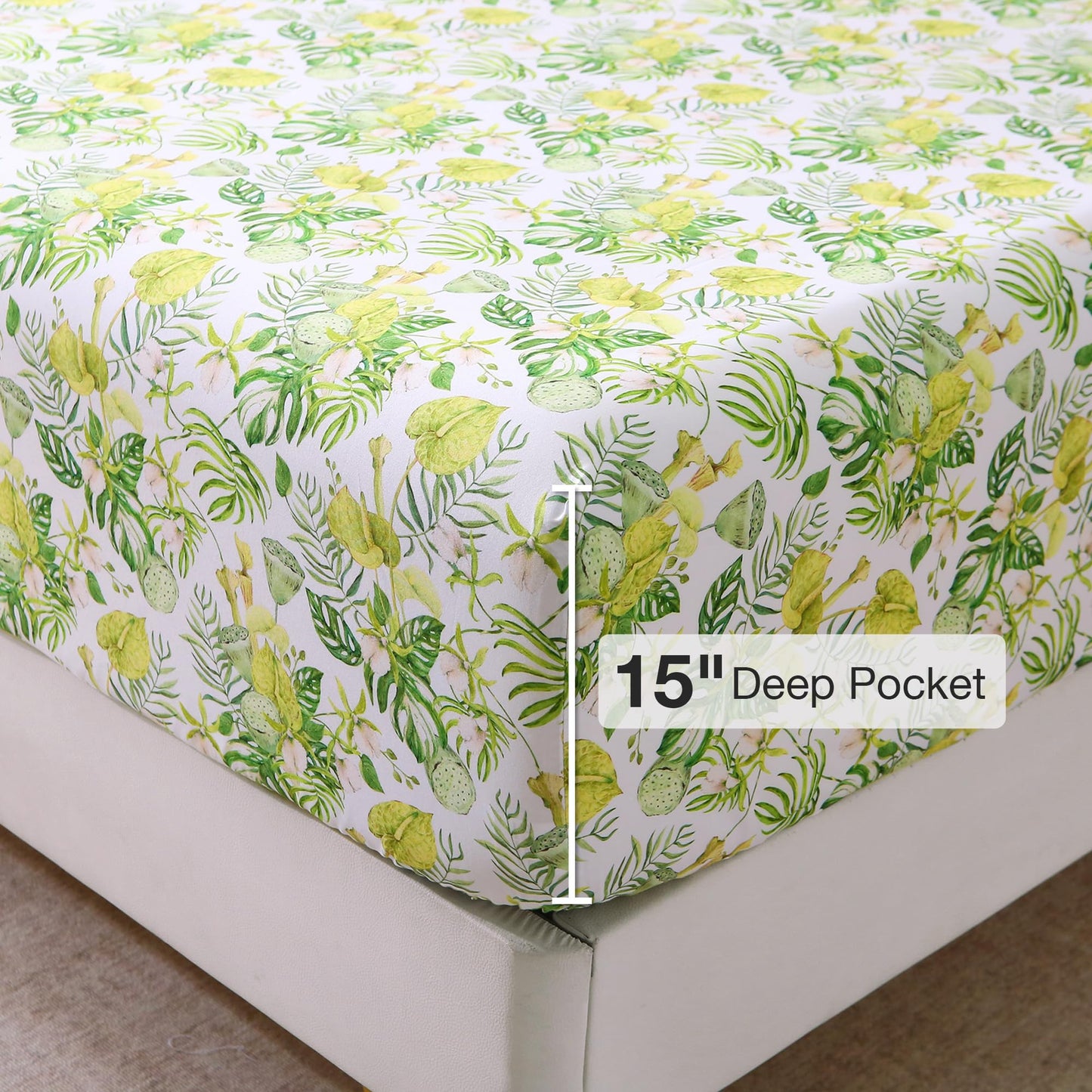 Viviland Floral Twin Sheet Set - 3 Piece Jungle Greenery Botanical Patterned Bed Sheets - Soft, Breathable Microfiber Sheets with Deep Pocket, Non-Slip Fitted Sheets & Pillowcases