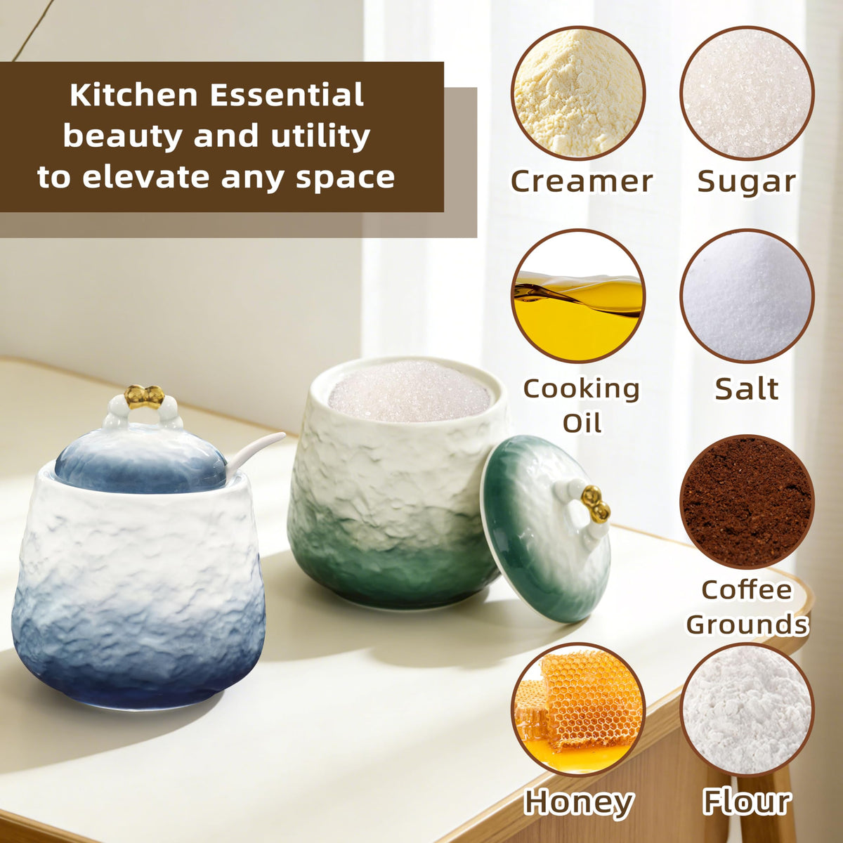 BarroSol Ceramic Sugar Bowl with Lid and Spoon,12oz Sugar Bowl with Gradient Texture, Sugar Container with Lid and Spoon Sugar Jar for Coffee Station Accessories,Dishwasher & Microwave Safe,Green
