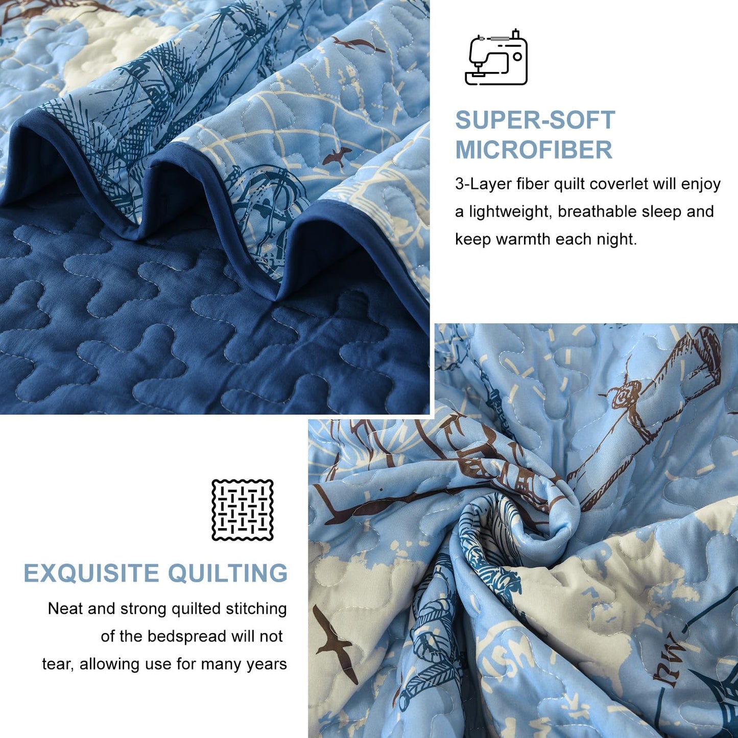 DJY Quilt Set King Size Ocean Bedspread Coverlet Set 3 Piece-Soft Lightweight Microfiber Nautical Beach Coastal Bedding Set for All Seasons 110"x90" (Include 1 Quilt, 2 Pillowcases)