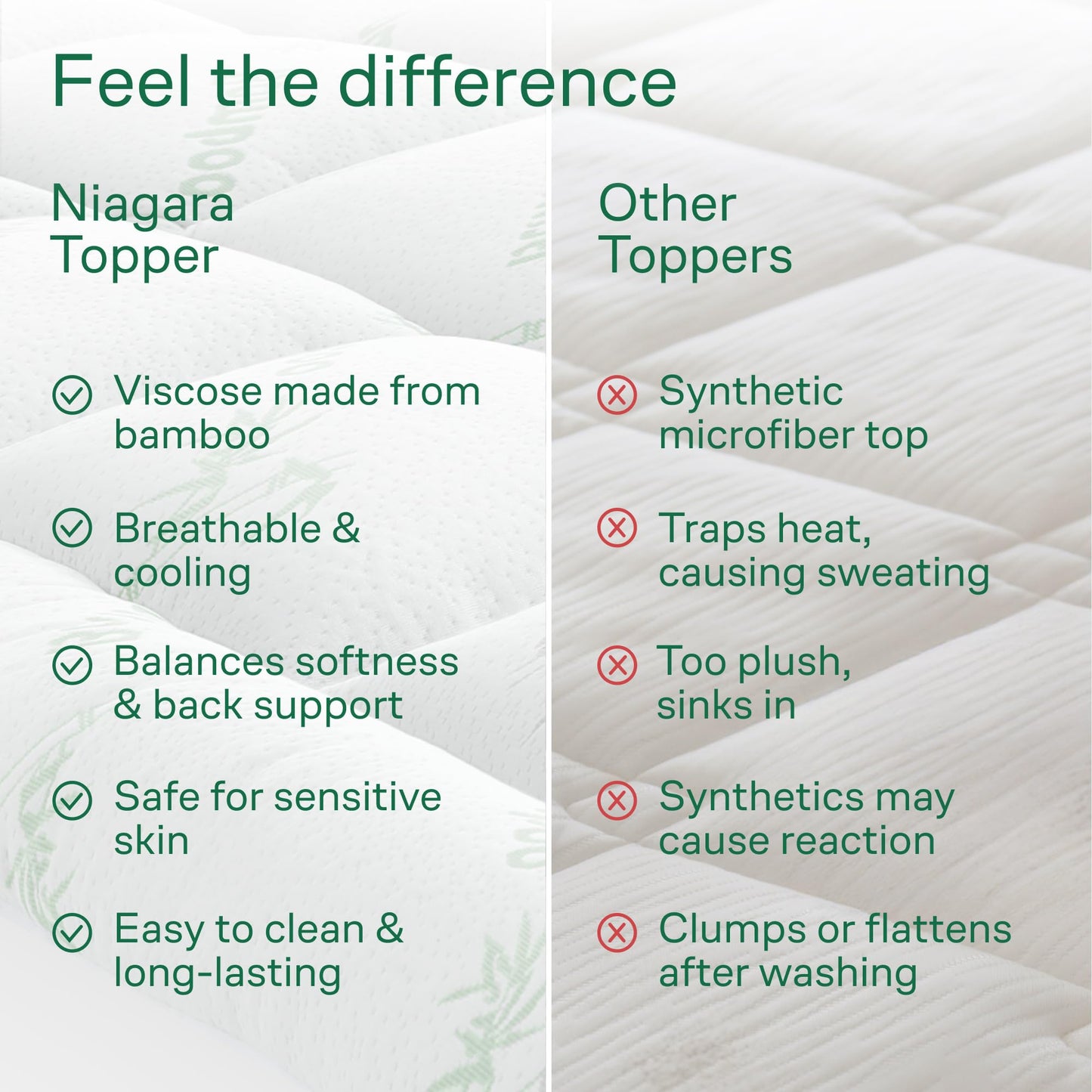 Niagara Sleep Solution Ultra Soft Full Size Mattress Topper - Rayon Derived from Bamboo Pillow Top Mattress Pad for Back Pain Relief - Naturally Cooling for Hot Sleepers, Green