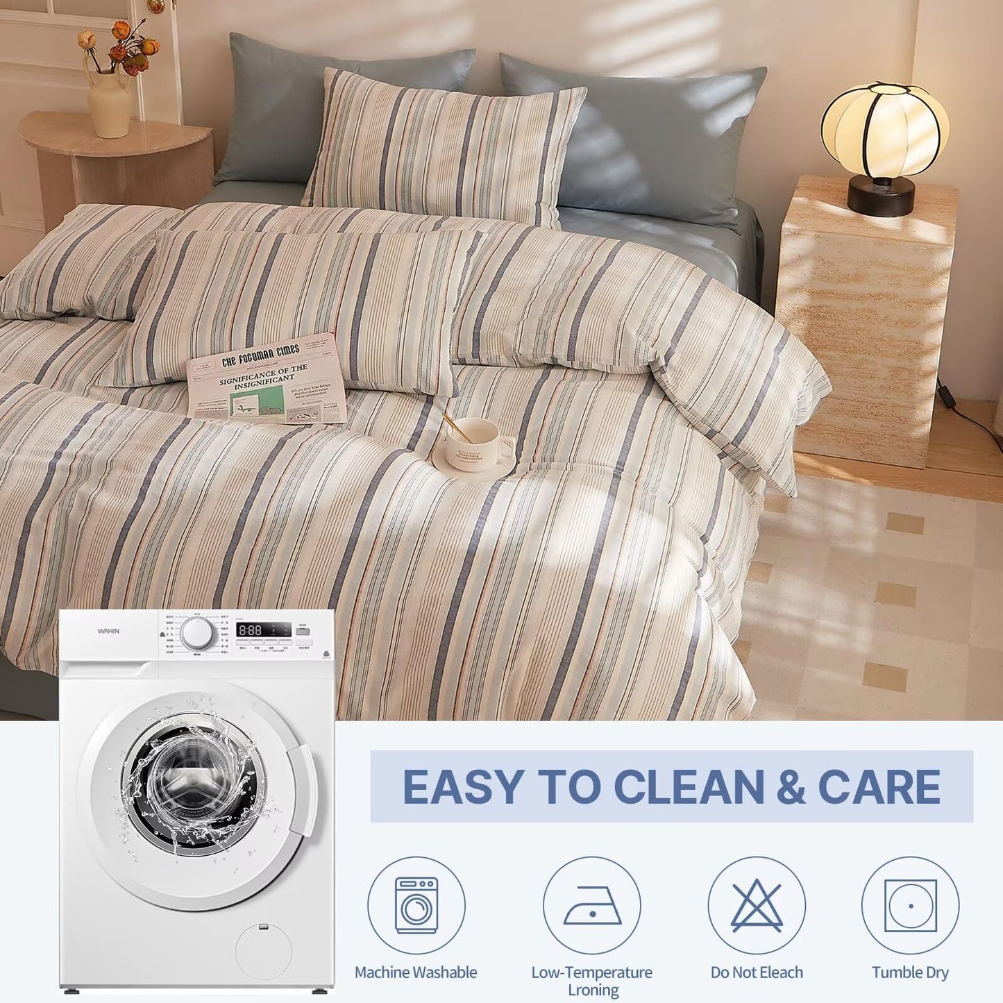 AMZTOP 100% Cotton Duvet Cover Set Queen Size Blue Striped Design,Soft Breathable Comfy Washed Cotton Bedding Set for All Season,Chic Simple Zipper Textured Durable Quilt Covers 90"×90"