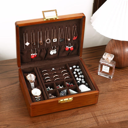 LIBOLXSP Solid Walnut Wood Jewelry Box with Lock,2 Layer Velvet Lined for Earrings Rings Necklaces Bracelets Watches,Both Style and Security, for Men Women,Vintage Brown