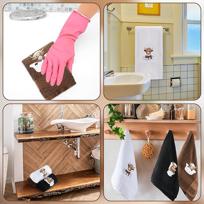 3 Pcs Highland Cow Hand Towels for Bathroom Embroidered Bathroom Towels