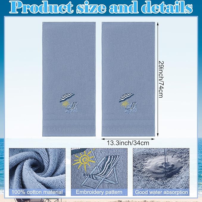 2 Pcs Beach Chair Hand Towels Slate Blue Bathroom Decor 14x29 Inch Embroidered