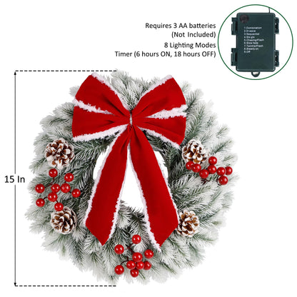ATDAWN 2 Pcs Christmas Wreath, 15 Inch Outdoor Lighted Wreath for Front Door, Xmas Holiday Party Decorations