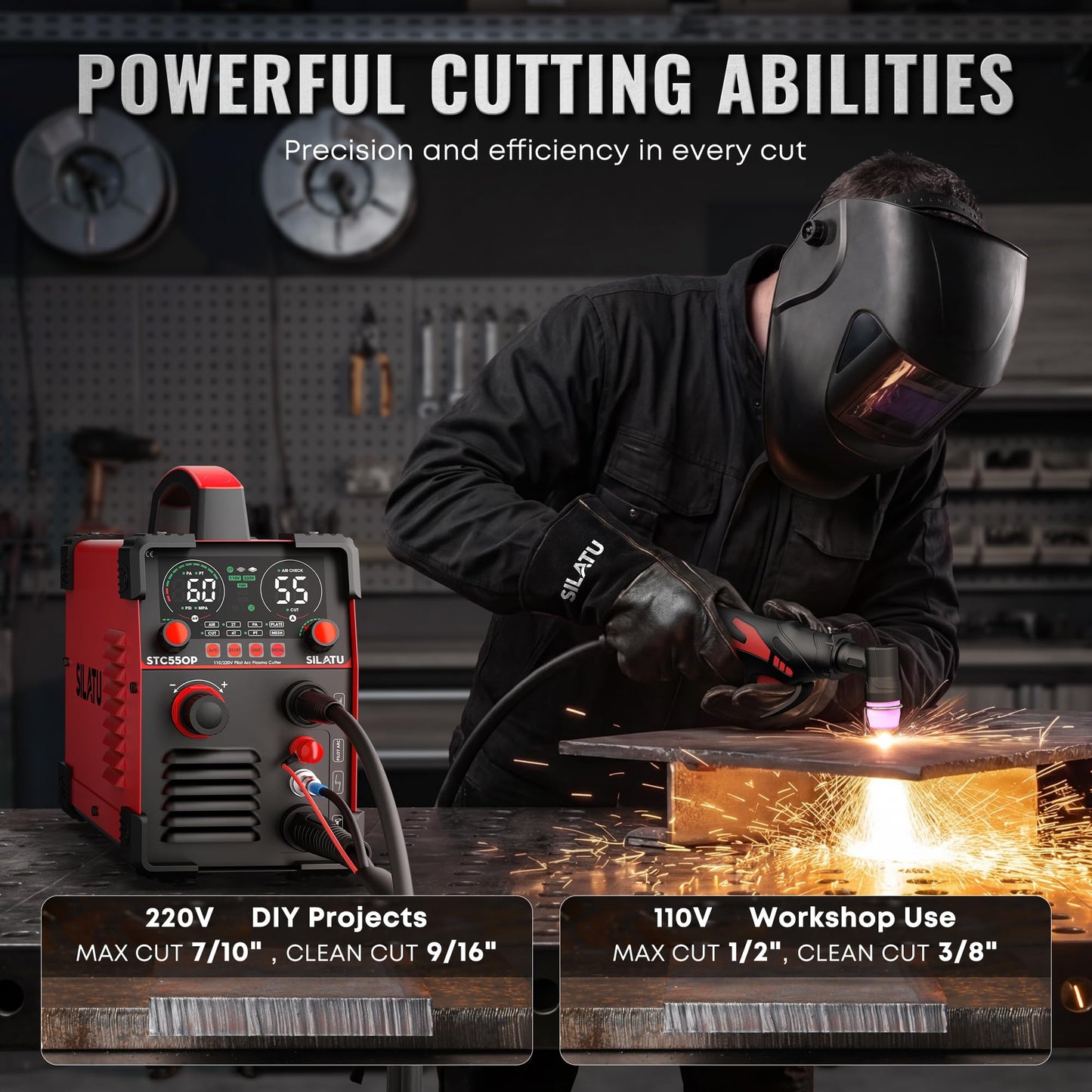 SILATU Plasma Cutter, STC550P 55Amps Pilot Arc Plasma Cutter Machine, 110/220V Dual Voltage LED Display Air Sensor, 9/16'' Clean Cut 7/10'' Max Cut, Mesh Cutting, PT/2T/4T for Beginners DIY (Red)