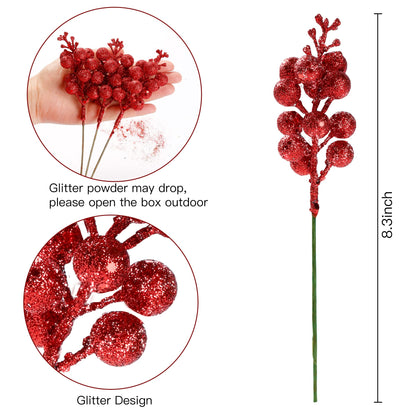 Sggvecsy 30Pcs Christmas Glitter Berries Stems Artificial Red Berry Branches Holly Picks Stems Christmas Tree Ornaments for DIY Xmas Wreath Crafts Gifts Holiday Home Decor (Red)