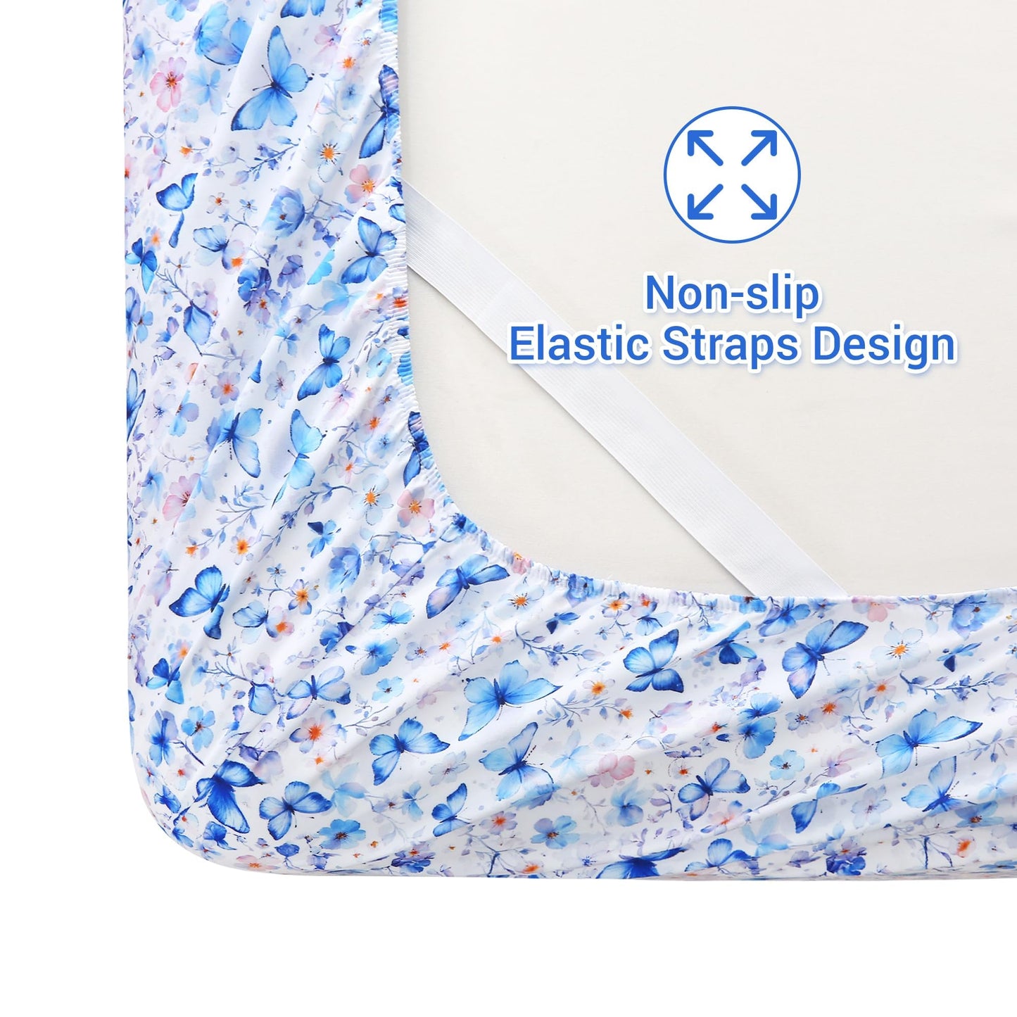 Softan King Floral Sheets, Microfiber Blue Flower Printed Fitted Sheets with Non-Slip Corner Straps and 15" Deep Pocket, Butterfly Patterned Cozy King Bed Sheets & Pillowcase Sets