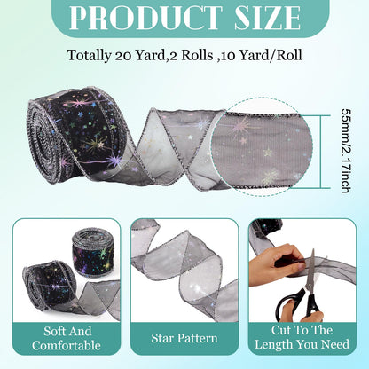 Beadthoven 20 Yards Organza Ribbon Black 2-1/8 inch Iridescent Glitter Star Print Sheer Ribbon Tulle Fabric Mesh Ribbons for Gift Wrapping, Bows, Floral Bouquets, DIY Crafts, Wedding, Party