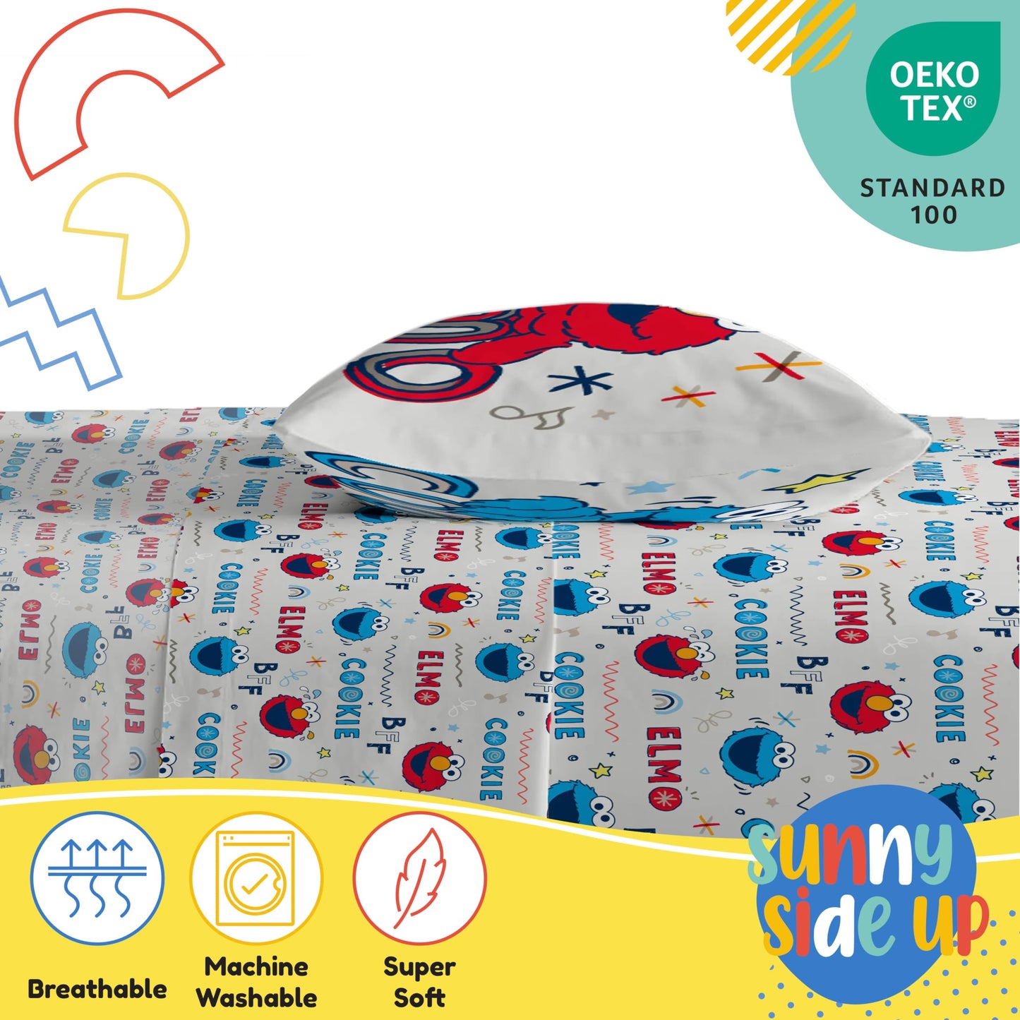 Sunny Side Up Sesame Street Twin Sheet Set - 3 Piece Kids Bedding Set Includes Pillow Cover – Super Soft Microfiber Sheets with Elmo, Cookie Monster and Big Bird
