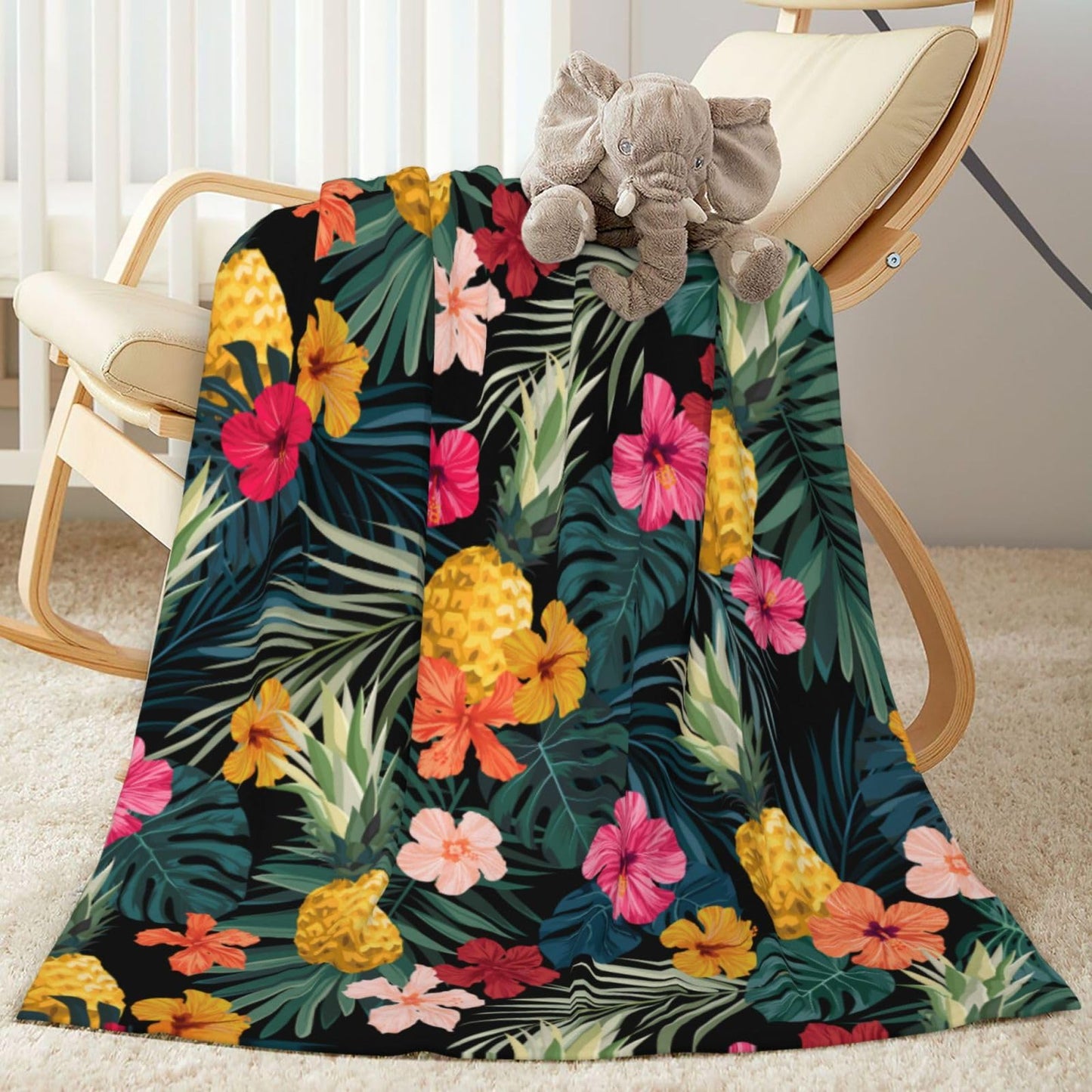 Perinsto Palm Leaves Hibiscus Flowers Hawaii Throw Blanket Ultra Soft Warm All Season Tropical Pineapples Fruit Decorative Fleece Blankets for Bed Chair Car Sofa Couch Bedroom 50"X40"