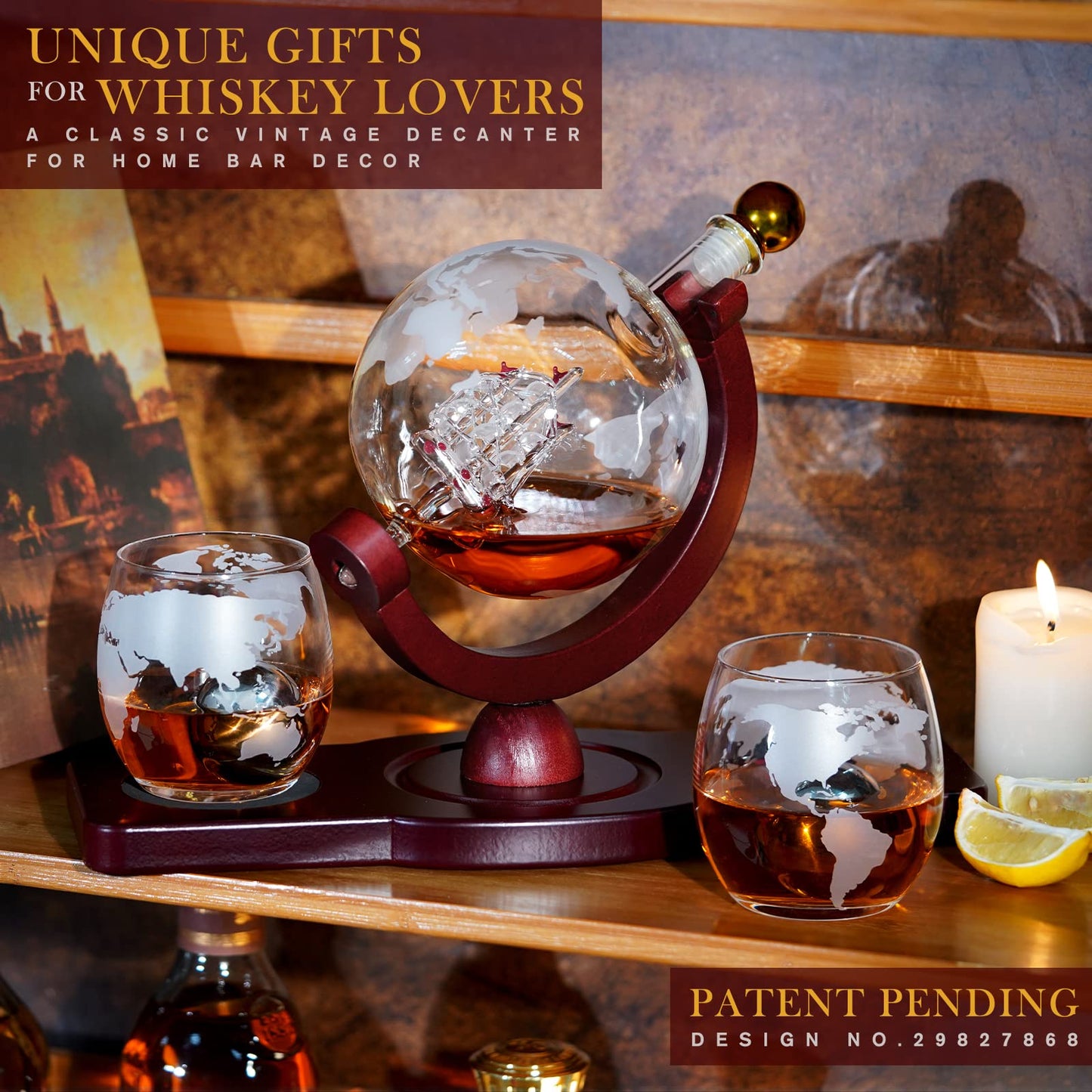 PONPUR Gifts for Men Dad Fathers Day, Whiskey Decanter Globe Set with 2 Ball Stones & 2 Glasses, Anniversary Birthday Gifts for Him Husband Boyfriend Brother, Cool Stuff Gift for Bourbon Scotch