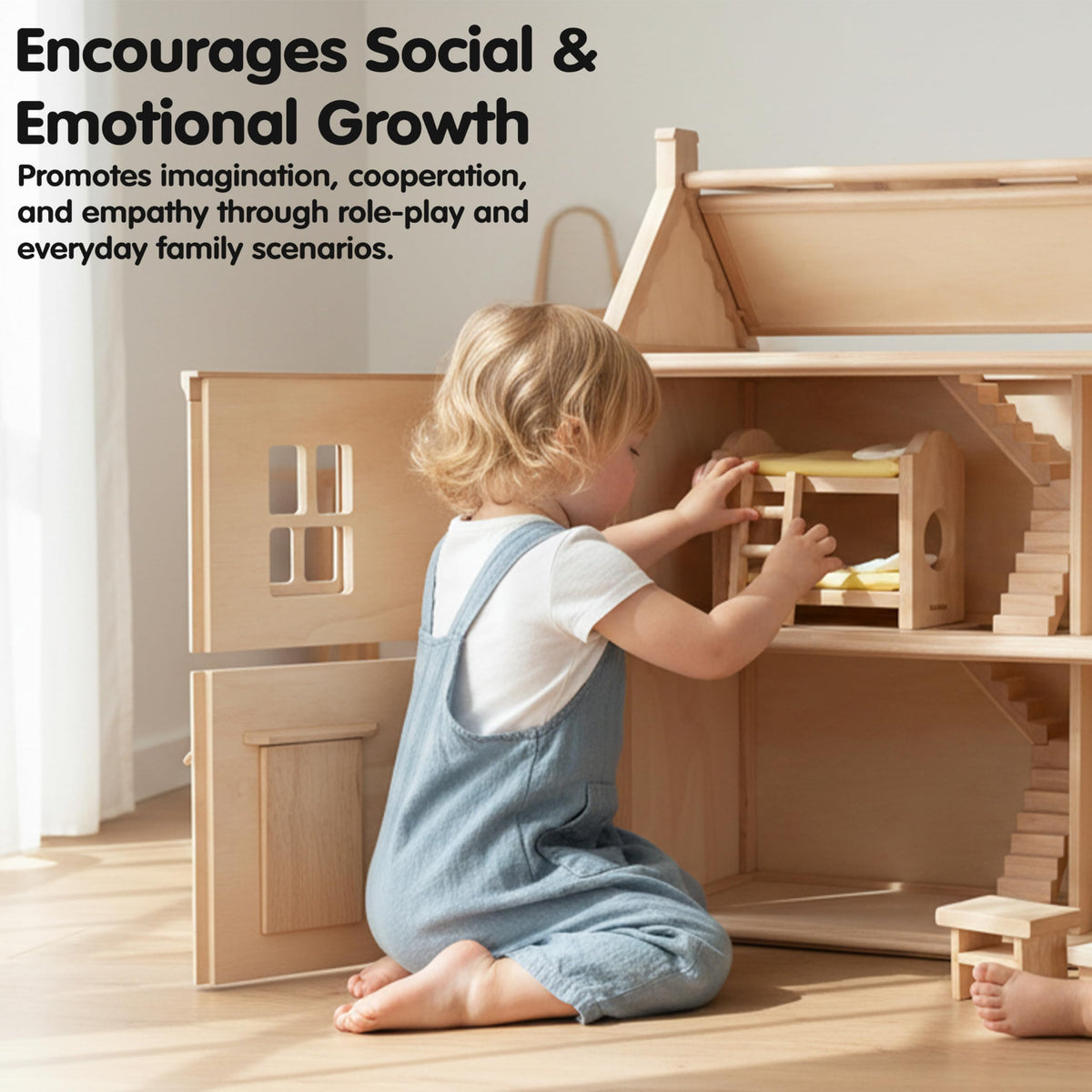 PlanToys® Wooden Children’s Room Classic Set for Montessori Small World Play | Creative Role Play and Social Interaction | Eco Friendly Wooden Dollhouse Bedroom Furniture for Imaginative Play